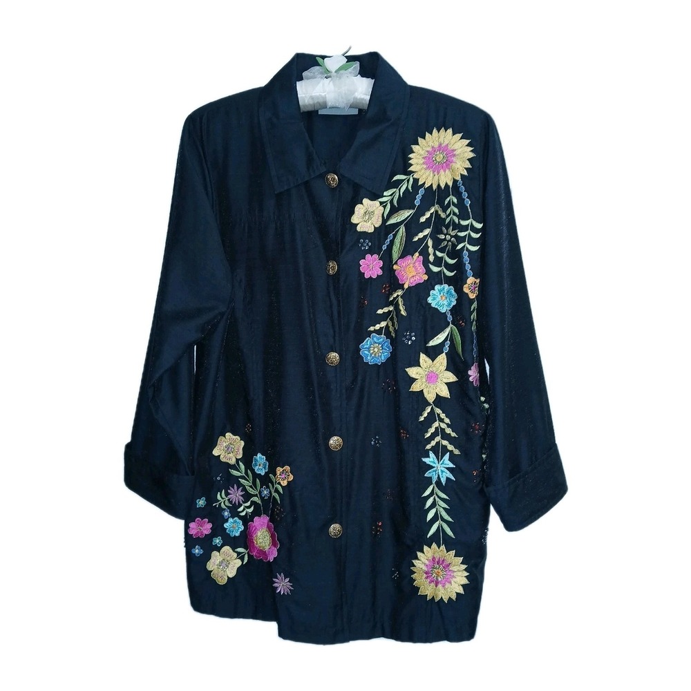 Indigo Moon Women Embroidered Button Down Shirt Top L XL Black Art To Wear Boho